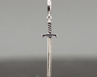 Unique single sword earring made of sterling silver, medieval sword with hoop