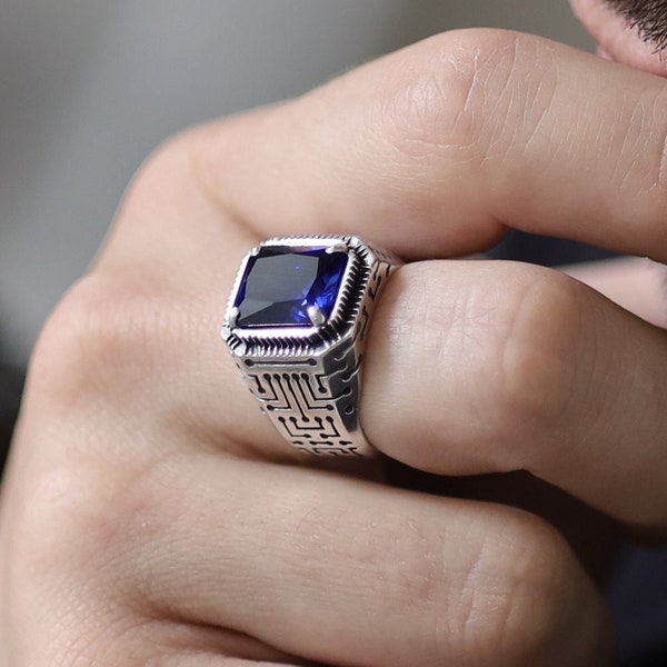Men blue crystal stone sterling silver seal ring, microchip, computer it