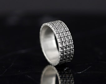 安価 ワタナベ Ring, Texture Cube Men's Thick Sterling Aged Ring Hoop Wide その他