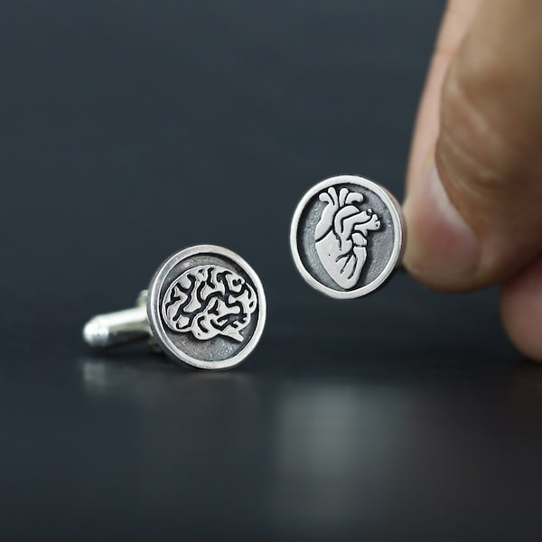 Anatomical heart and brain button cufflinks made sterling silver neurologist cardiologist doctor