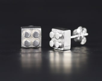 Building block earrings, sterling silver brick game tokens