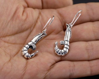 Prawn lobster earrings surrealistic earrings sterling silver, jewelry inspired by dalí, srhimp dangling earrings