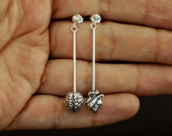 Anatomic heart and brain earrings sterling silver, atomically correct human heart earrings, human heart earrings, brain gothic earrings