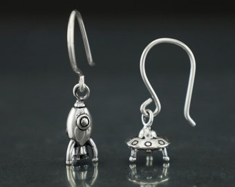 Rocket Ufo earrings sterling silver, spaceship earrings, rocket earrings, space shuttle earrings, rocket ship earrings, ufo earrings