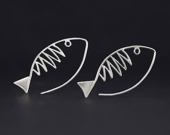 Fish bone earrings, sterling silver fish earrings, fish silver open hoop earrings, fish skeleton earrings, fish hoop silver ocean jewelry,