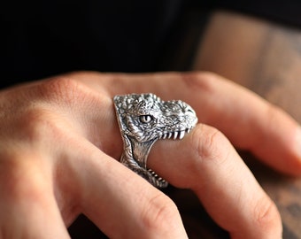 Dinosaur head t-rex ring sterling silver, tyrannosaurus rex ring biomechanoid, skull silver dinosaur paleontology ring, biker ring