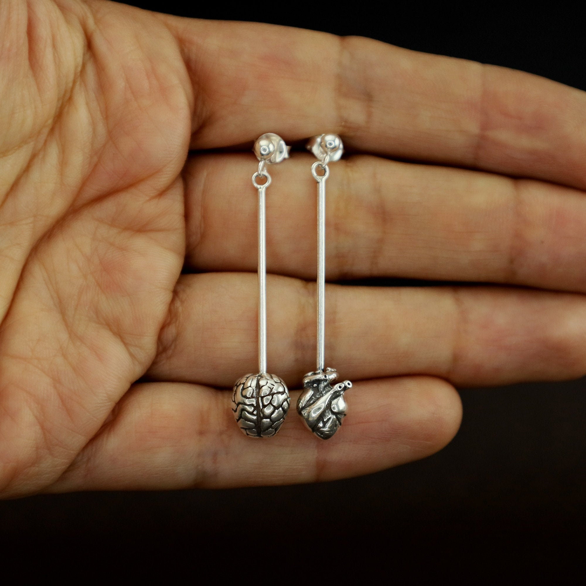 Anatomic Heart and Brain Earrings Sterling Silver