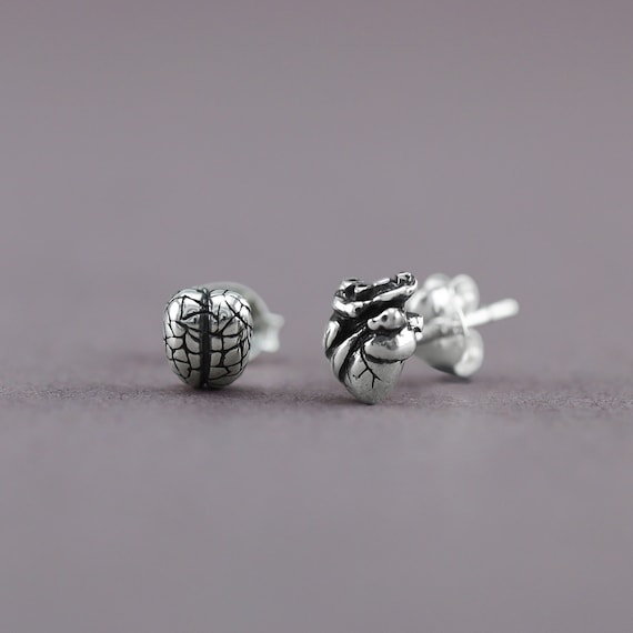 Mini Brain and Heart Earrings Brain Earrings Real Heart