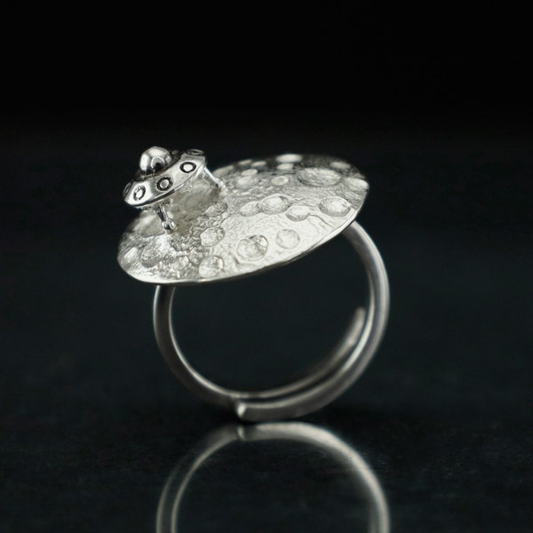 Mondring, Sterlingsilberschmuck, UFO- und Mondring, UFO-Ring, Raumschiffring, Alien-Ring, Raumschiffschmuck, UFO-Roswell-Ring