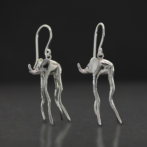 Elephant earrings dangling sterling silver  long legs elephants surreal jewelry