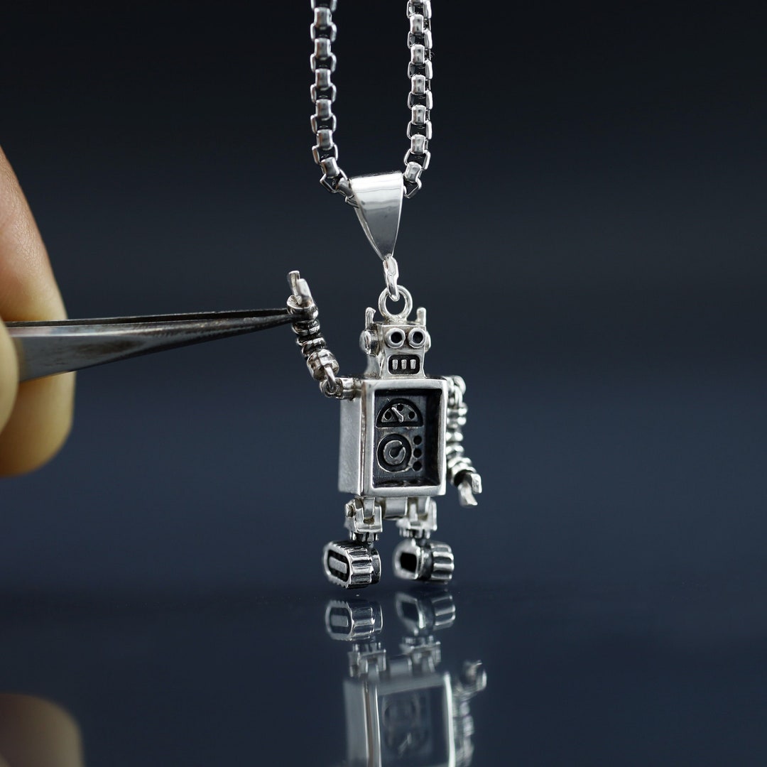 Pendentif Vintage Robot Articulé En Métal Couleur Argent - Bijou Rétro, Occasion En Bel état