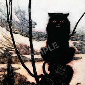 Spooky Black Cat Perfekt für Halloween Grußkarte, Vintage Bild von Arthur Rackham "The Day She Made Herself In a Cat"
