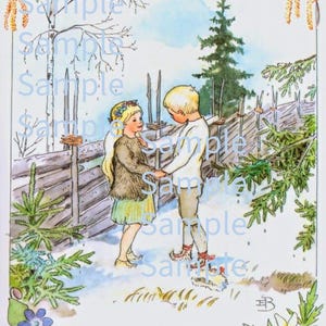 Elsa Beskow Flower Princess and Prince in Winter Landscape,  Vintage Image by Children&#39;s Book Illustrator Elsa Beskow