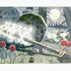Elsa Beskow Moonlight Fairies,  Vintage Image by Children&#39;s Book Illustrator Elsa Beskow