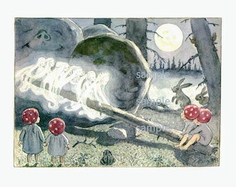 Elsa Beskow Moonlight Fairies,  Vintage Image by Children's Book Illustrator Elsa Beskow