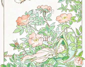 Elsa Beskow Flower Fairy Princess Sleeping,  Vintage Image by Children's Book Illustrator Elsa Beskow