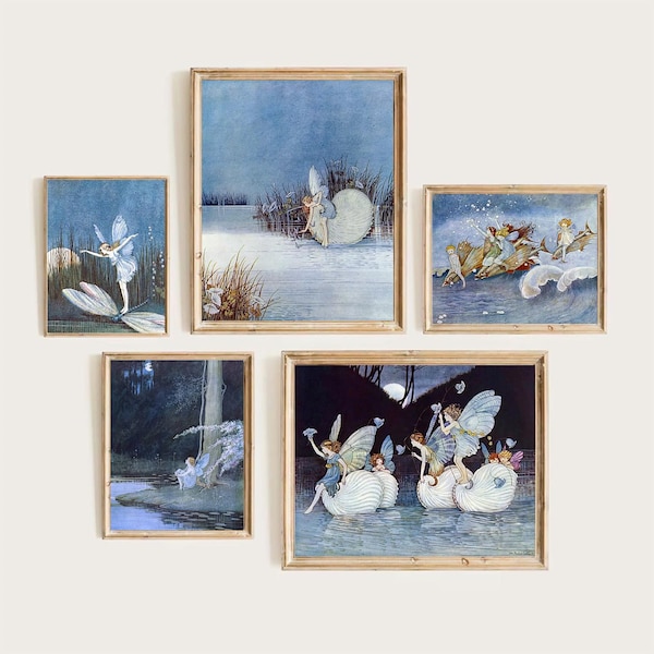 Five Vintage Magical Fairy Prints, Fairies, Fish, Shells, Moonlight, Perfect for Nursery or Children's Room, Ida Rentoul Outhwaite art