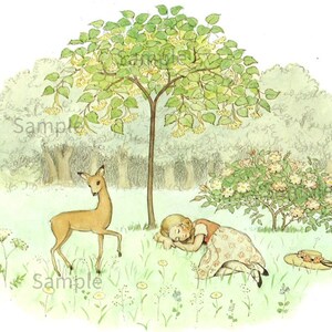 Elsa Beskow Kleines Mädchen schläft mit einem Hirsch, niedlichen Waldtieren und Kindern, Vintage-Bild von Kinderbuch-Illustratorin Elsa Beskow