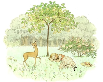 Elsa Beskow Little Girl Naps with a Deer, Cute Woodland Creatures and Children,  Vintage Image by Children's Book Illustrator Elsa Beskow
