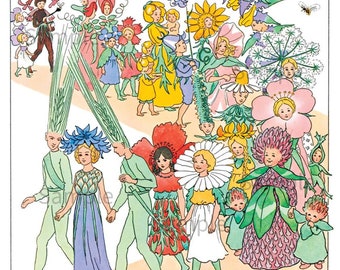 Elsa Beskow Fairy Flower Parade,  Vintage Image by Children's Book Illustrator Elsa Beskow