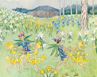 Fairy Dance, Fun Spring Fairies, Vintage Image by Children's Book Illustrator Elsa Beskow
