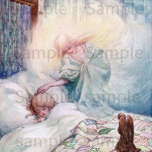 Der Mond, Engel und kleine Kinder vor dem Schlafengehen, Segen und Gebete, Vintage-Bild von der berühmten Kinderbuch-Illustratorin Anne Anderson