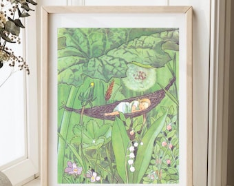 Flower Fairy Thumbelina Sleeping in Greenery,  Vintage Image by Children's Book Illustrator Elsa Beskow