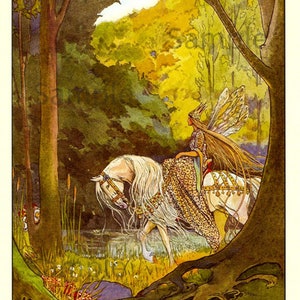 Elven Warrior Forest Princess, Fairy Elves Gnomes Image,  Vintage Image by German Book Illustrator Alexander Von Volborth