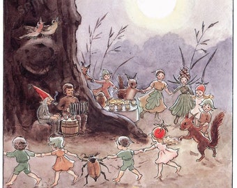 Fairy Ring, Fun Fall Fairies,  Vintage Image by Children's Book Illustrator Elsa Beskow