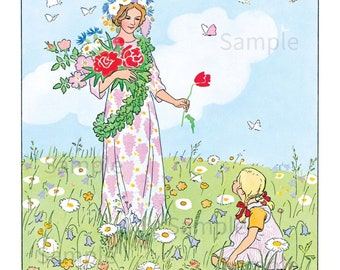 Elsa Beskow Flower Fairy Maiden and Child,  Vintage Image by Children's Book Illustrator Elsa Beskow