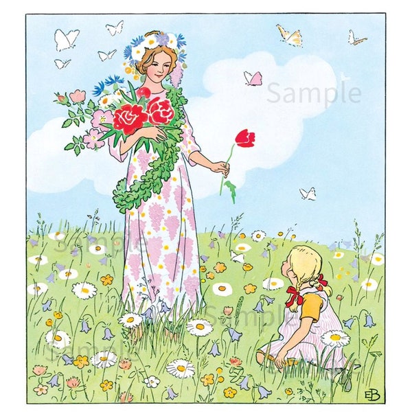 Elsa Beskow Flower Fairy Maiden and Child,  Vintage Image by Children's Book Illustrator Elsa Beskow