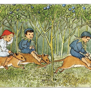 Elsa Beskow Blueberry Forest Race, Cute Woodland Creatures and Children,  Vintage Image by Children&#39;s Book Illustrator Elsa Beskow