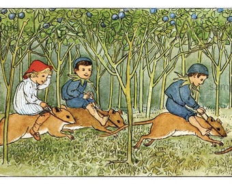 Elsa Beskow Blueberry Forest Race, Cute Woodland Creatures and Children,  Vintage Image by Children's Book Illustrator Elsa Beskow