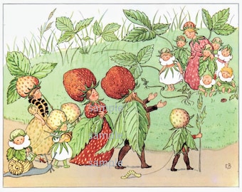 Elsa Beskow Poster, the Strawberry Family, Swedish Fairycore Art