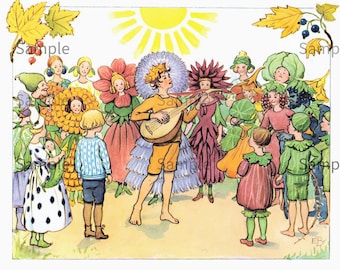 Elsa Beskow Flower Serenade,  Vintage Image by Children's Book Illustrator Elsa Beskow