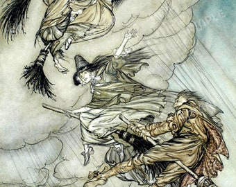 Haunting Witches Perfect for Halloween Greeting Card, Vintage Image by Arthur Rackham "Flight of Witches"