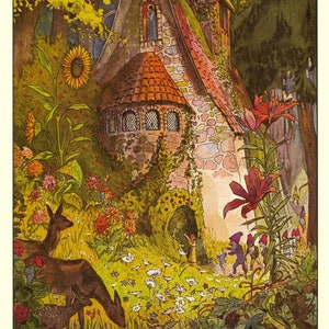 Dwarves Forest Home, Fairy Elves Gnomes Image,  Vintage Image by German Book Illustrator Alexander Von Volborth