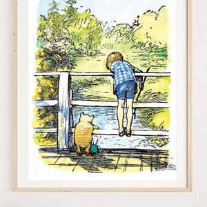 Classic Winnie the Pooh On a Bridge Watching Eeyore Float,  Vintage Image by Children&#39;s Book Illustrator E.H Shepard