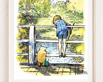 Classic Winnie the Pooh On a Bridge Watching Eeyore Float,  Vintage Image by Children's Book Illustrator E.H Shepard