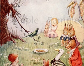 Moeder de Gans, sprookjesfiguren en kinderen, vintage afbeelding door kinderboekillustrator Flora White 1914