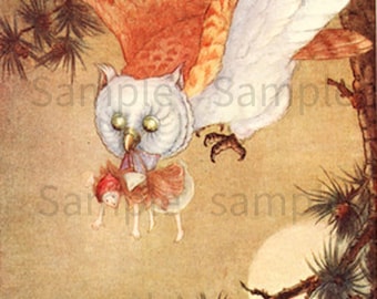 Thumbelina and Owl Friend from a Classic Fairy Tale, Vintage Image by  Children's Book Illustrator Flora White 1914