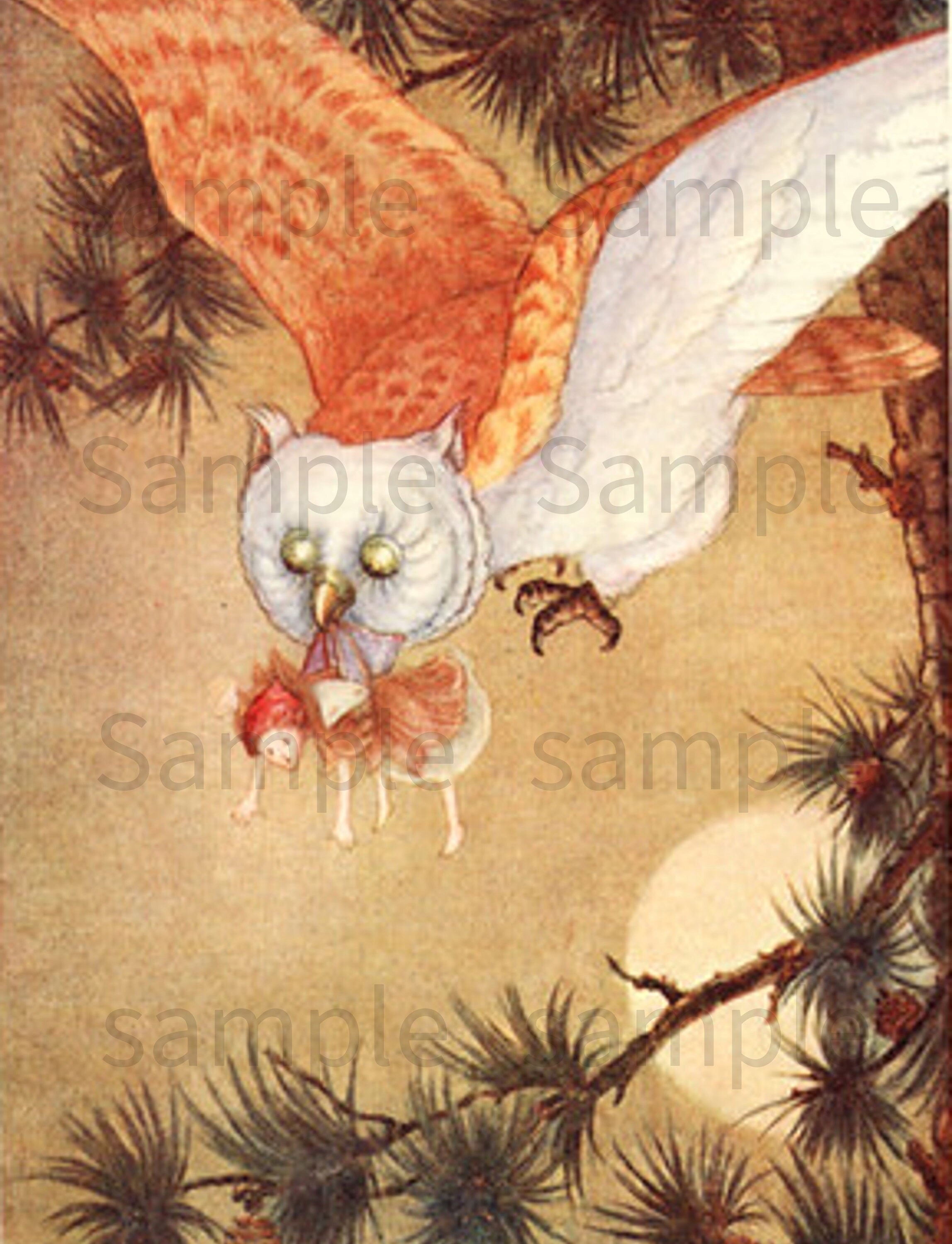 Thumbelina and Owl Friend from a Classic Fairy Tale, Vintage Image by  Children's Book Illustrat