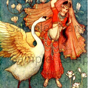 Swan Maiden from Indian Myth and Legend Classic Fairy Tale, Vintage Image by Warwick Goble Published 1913