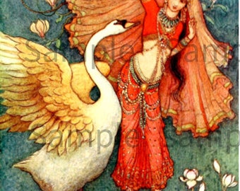 Swan Maiden from Indian Myth and Legend Classic Fairy Tale, Vintage Image by Warwick Goble Published 1913