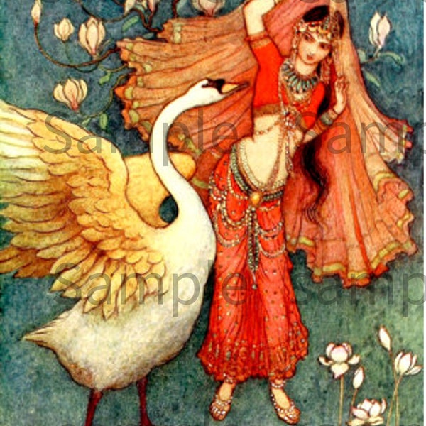 Swan Maiden from Indian Myth and Legend Classic Fairy Tale, Vintage Image by Warwick Goble Published 1913