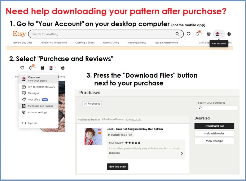 以下が含まれることがあります： Etsy のウェブサイトのスクリーンショットで、購入したデジタルパターンのダウンロード方法が示されています。画像には、Etsy のウェブサイトの購入履歴と「ファイルをダウンロード」というラベルの付いたボタンが表示されています。