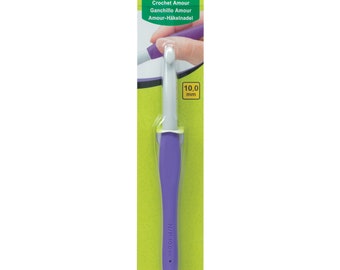May include: A purple and white crochet hook with a 10.0 mm hook size. The hook has a comfortable, ergonomic handle and is packaged on a green and white card. The packaging includes the text "Amour Crochet Hook".