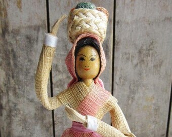 EC Tall Vintage Peg Doll, Peg Dolls, Peg Doll, Pink Dress, Cone Base, Possibly Polish, Folk Art,World, Souvenir, 9", Woman,Cheesecloth Dress