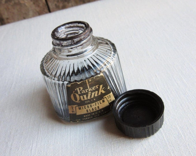 Vintage Glass Ink Bottle, Parker Quink Art Deco Design Small Clear