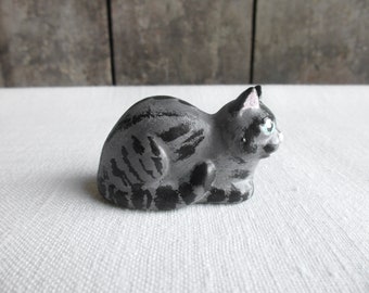 Vintage Tabby Cat Figurine, Miniature Tiny Gray Silver Tabby Cat Ceramic Figurine, Ceramic Miniature Tabby Tiger Cat Figurine Cat Lover Gift